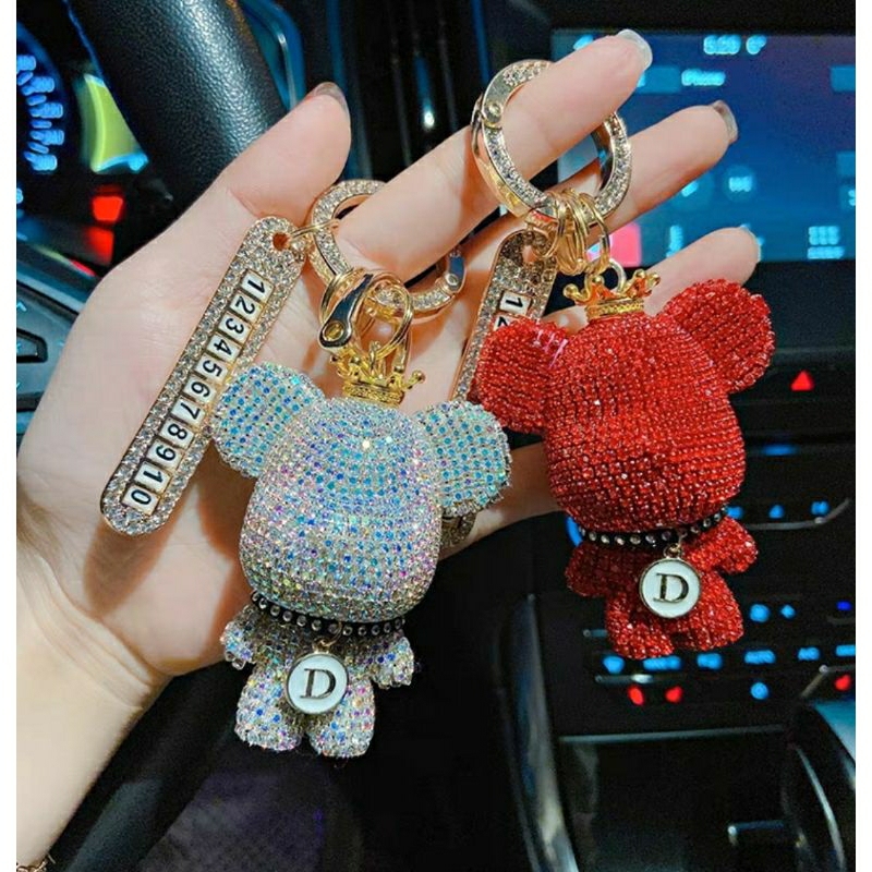 [ Đủ Màu] Móc Khóa Bearbrick Gấu Đính Đá Lấp Lánh Kèm Bảng Số Điện Thoại Đính Đá Chống Thất Lạc