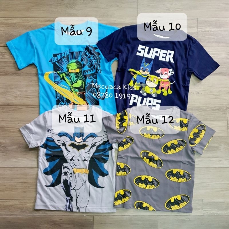 Áo phông cộc tay cotton mềm mịn in hoạt hình siêu nhân ô tô khủng long người nhện cho bé trai