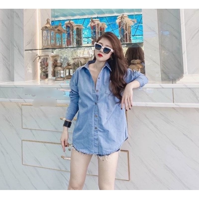 Áo sơ mi jeans trơn tay dài hàng quảng châu