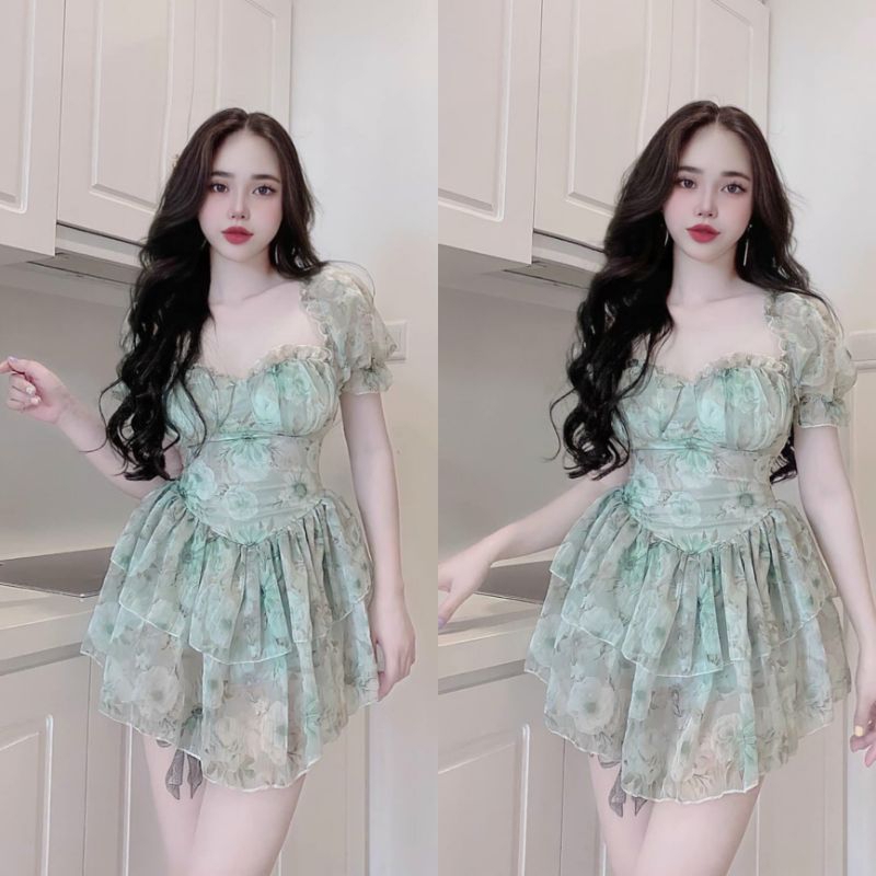 Váy hoa cúp ngực tay bồng có quần siêu xinh ( hình thật)