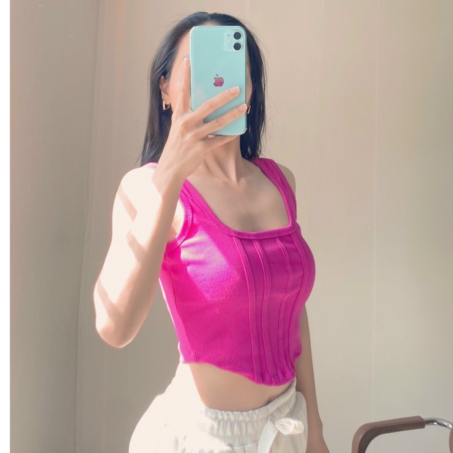 Áo Croptop Hai Dây Kiểu Corset Vạt Bầu Vie Áo 2 Dây Croptop Cổ Vuông Chất Thun Gân - VA020