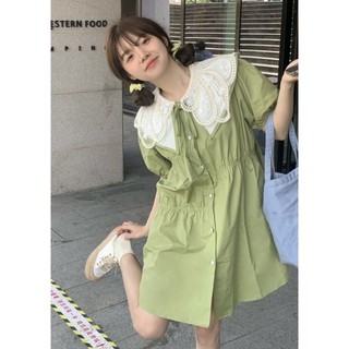 Đầm váy babydoll suông xanh hottrend 2 cổ ren trắng cúc ngọc tay bo xinh xắn D503