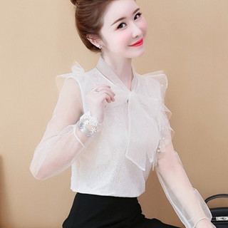 Thanh lý Áo sơ mi nữ/áo kiểu nữ ren lưới cổ thắt nơ dài tay