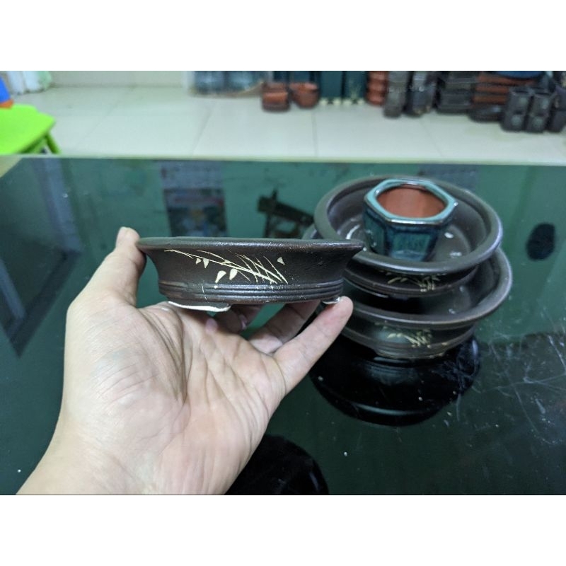 Set 3 chậu tròn men nâu cafe hoạ tiết vẽ thủ công đẹp