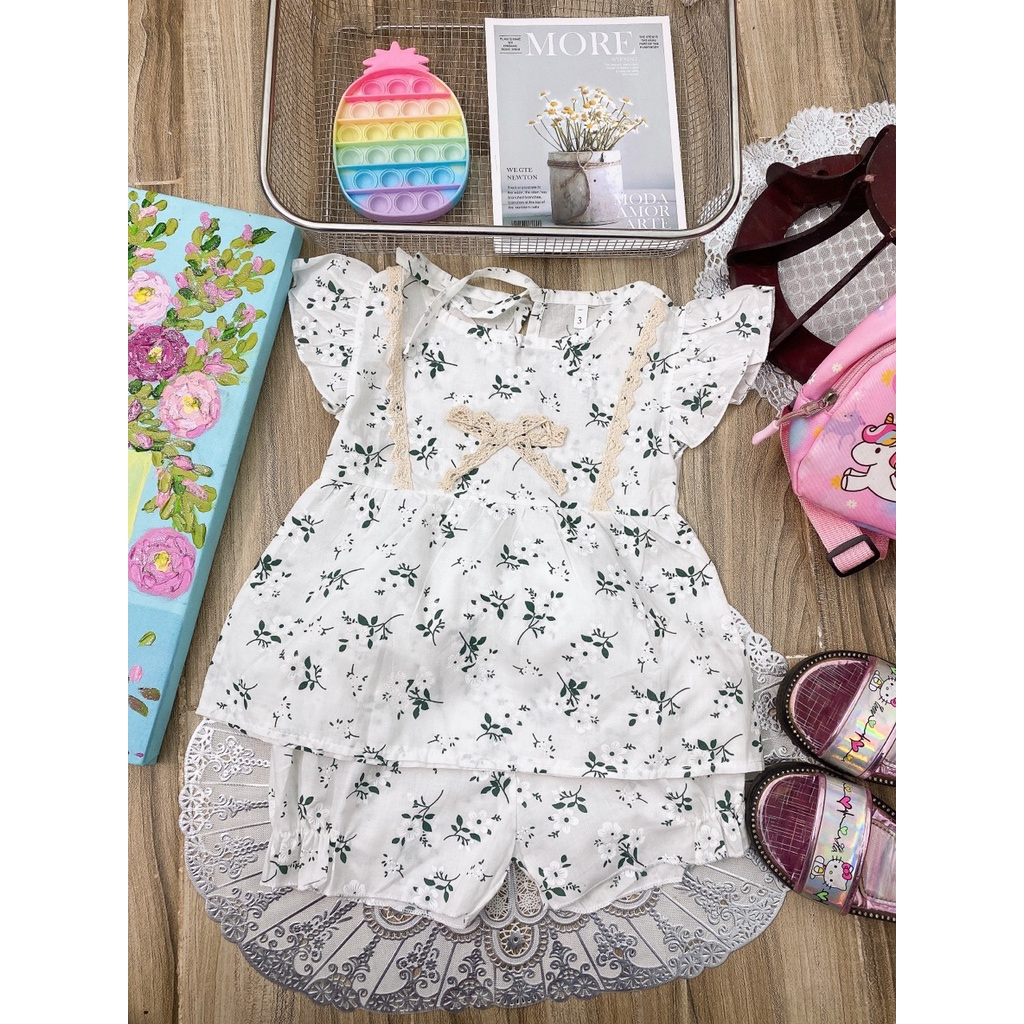 Bộ bé gái Bernie vai cánh tiên mẫu hoa cúc chất đũi mềm hàn quốc 6-16kg, bộ đũi nhí cho bé gái