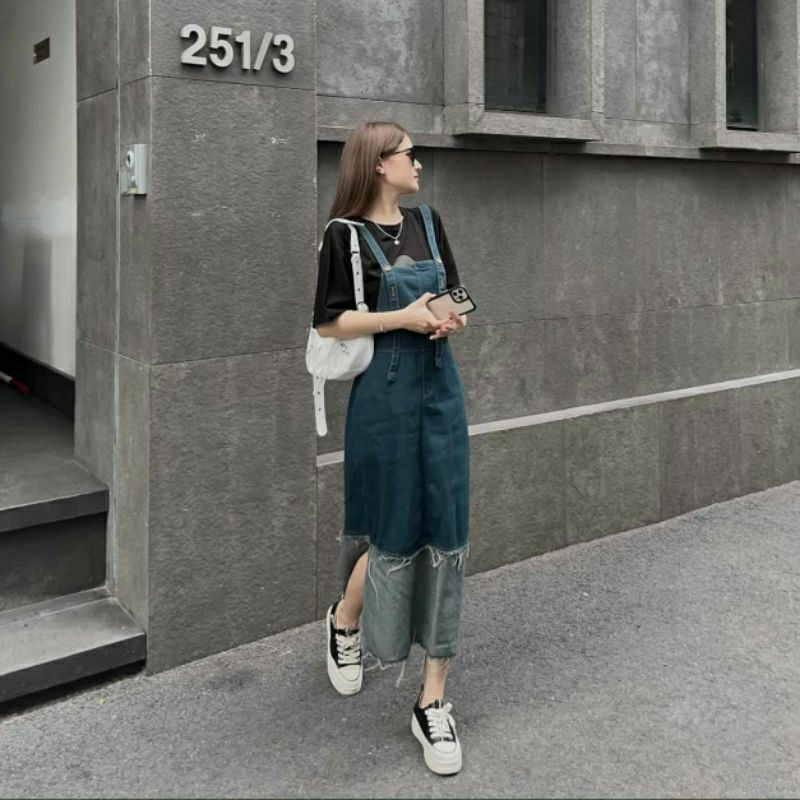 Váy Yếm Jean Nâu yếm váy bò hai tầng