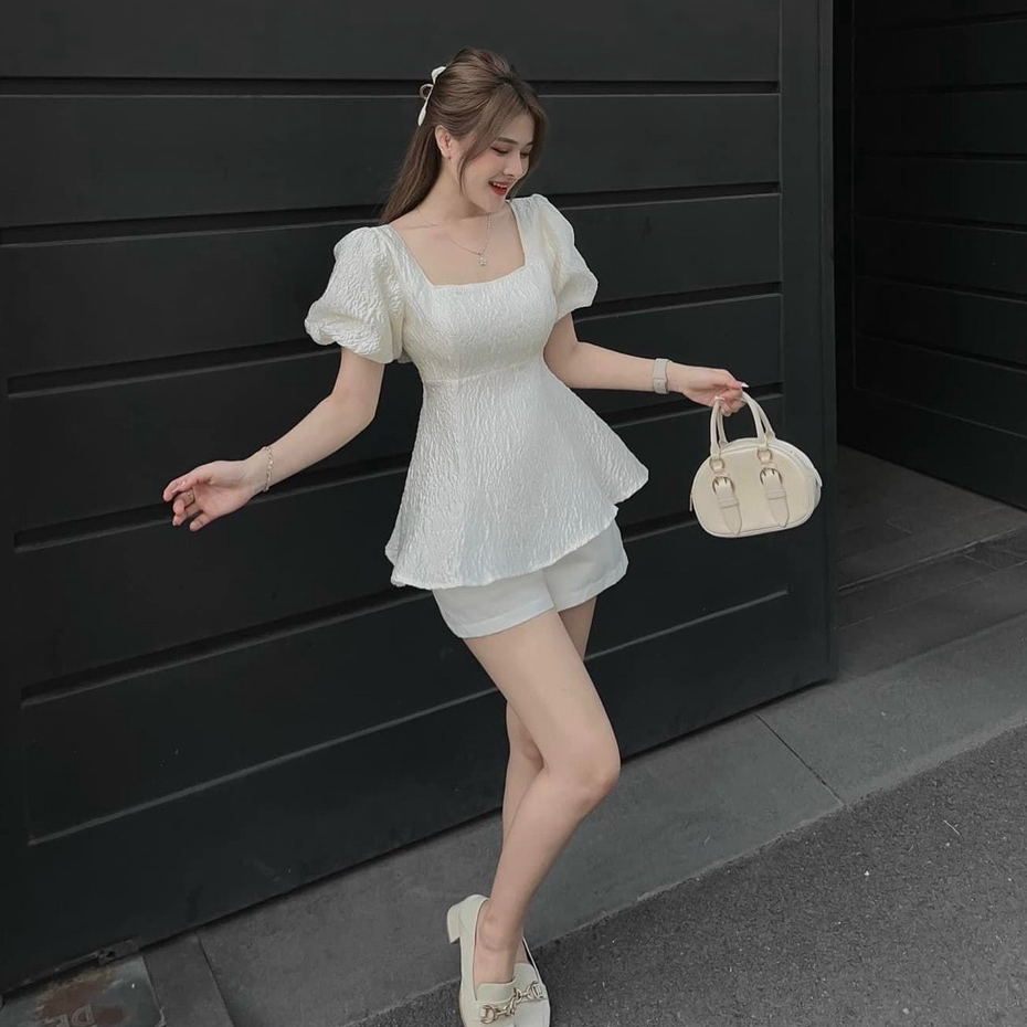 Set Váy Nữ,Set Váy Áo Gấm Tay Phồng Thiết Kế Dáng Xoè Ngắn + Short Đùi From Rộng Dự Tiệc Dạo Phố Sang Chảnh Thời Trang M