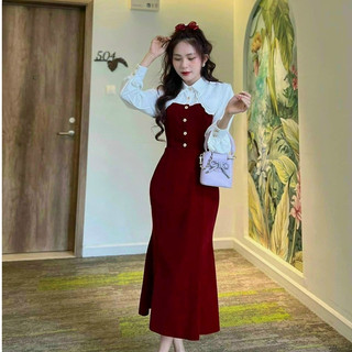 Váy đầm thời trang nữ body sang chảnh dự tiệc chất nhung cổ sơ mi tay dài đính nút dáng váy suông maxi màu đỏ siêu xinh