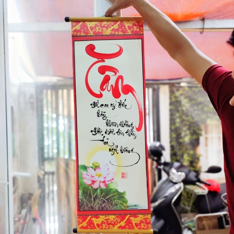 Liễn thư pháp viết tay chữ Tâm chúc Tết mừng năm mới size 27x79cm tặng đinh treo tranh dễ dàng