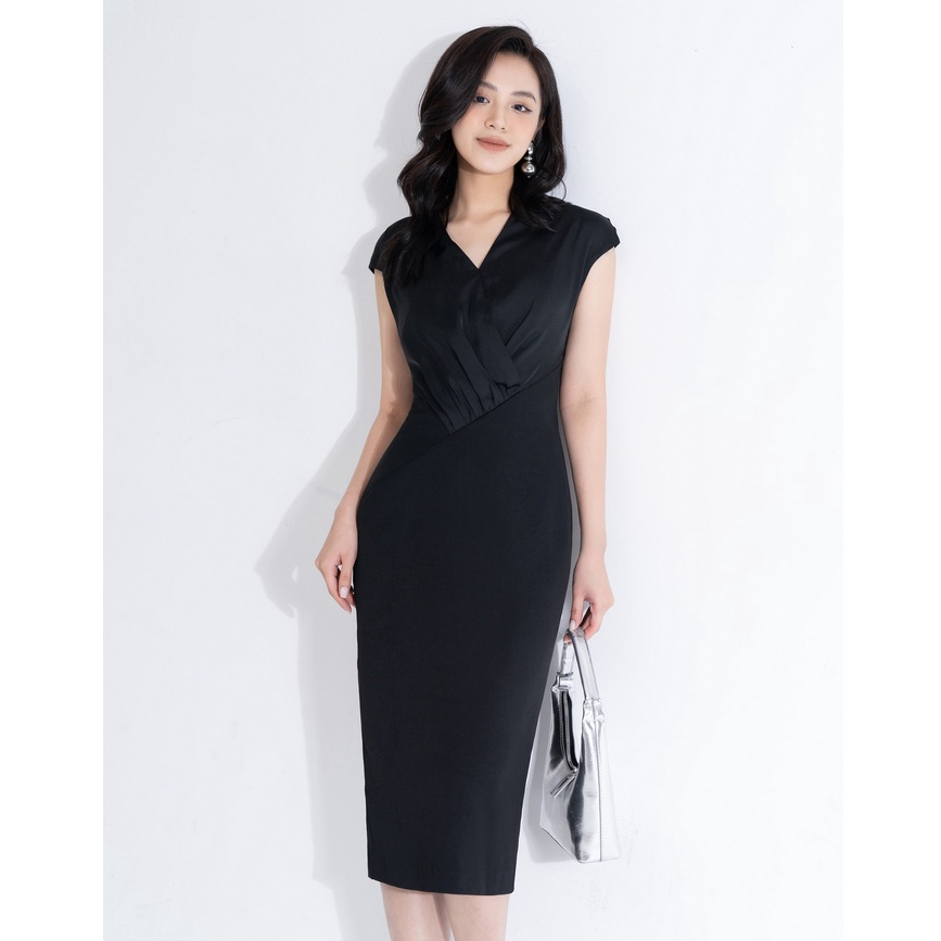 Đầm ôm công sở HeraDG thiết kế vai chờm vạt chéo thân trước chất liệu tuytsi phối lụa SDCBB2033