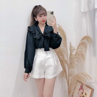 Áo sơ mi cổ bèo cột nơ tay dài đũi xốp