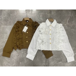 Áo sơ mi kiểu croptop cúc vàng bèo kép phía trước