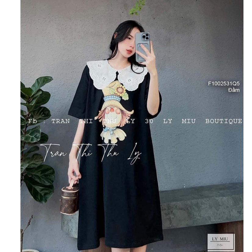 Đầm thun suông dài tay ngắn cổ ren phối hình siêu cute!