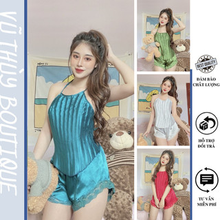 [Freesize<65kg] Bộ Ngủ Nữ Áo Yếm Quần Đùi Dập Ly Chất Liệu Phi Bóng Sexy Quyến Rũ Hở Lưng Gợi Cảm