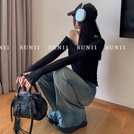 Áo Thun Xuyên Thấu Lệch Vai Thun Tay Dài, Áo Croptop Mỏng Nhẹ Mềm Mại Ulzzang Sexy