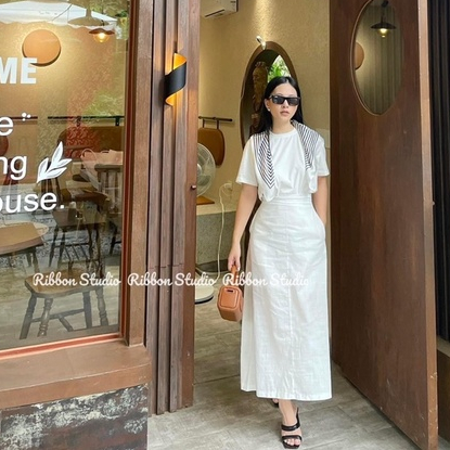 Set áo thun cotton dáng xuông phối cùng chân váy chất liệu linen đũi dáng chữ A nhẹ nhàng sang tinh tế Ribbon Studio