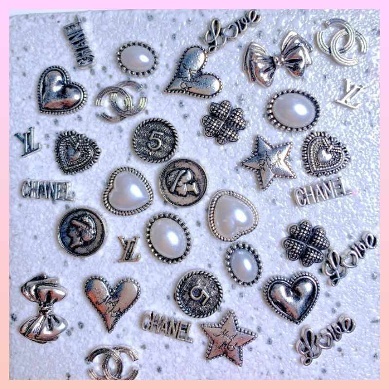 charm bạc tim,ong,nơ trang trí móng tay
