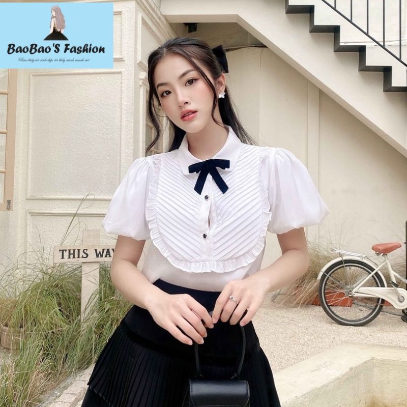 Set áo sơ mi nơ và chân váy xếp ly trẻ trung siêu xinh M