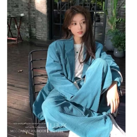 Ảnh thật 2 hình cuối-2W63.Set áo blazer kèm quần nhung dáng rộng phong cách Hàn Quốc