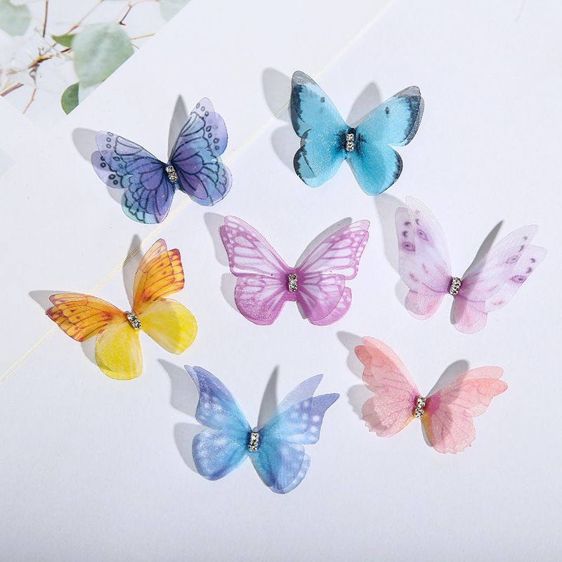 Set 50 bướm vải voan 3d 2 lớp đính đá trang trí