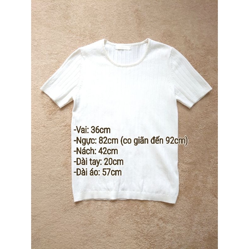Áo len mông tơ ghi nữ sọc gân màu trắng kem cổ tròn tay ngắn chất len dày dặn mịn co giãn (Secondhand/Used/Si)