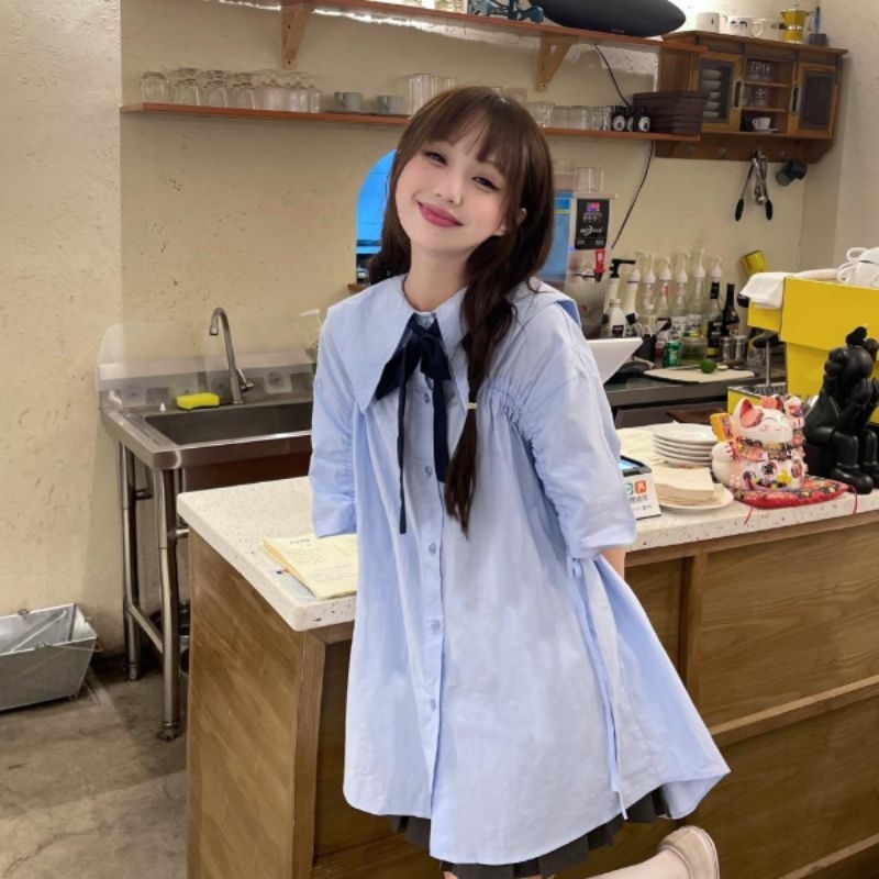 [Mã FATREND02 giảm đến 30k đơn 99k] Áo sơ mi xanh ngắn tay cổ bẻ bản lớn dây nơ tiểu thư nữ sinh Hàn Quốc A102 | BigBuy360 - bigbuy360.vn