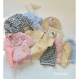 Bộ pijama cộc tay kẻ caro chất thô đũi mềm mát cho bé trai bé gái