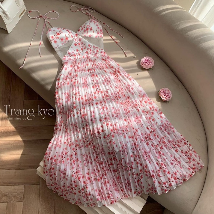 Váy Hoa Nhí Xếp Ly Dáng Dài Điệu Đà Bùi Đượm Concept, Đầm Hoa 2 Dây Buộc Cắt Eo Sexy Nữ Tính BĐ116