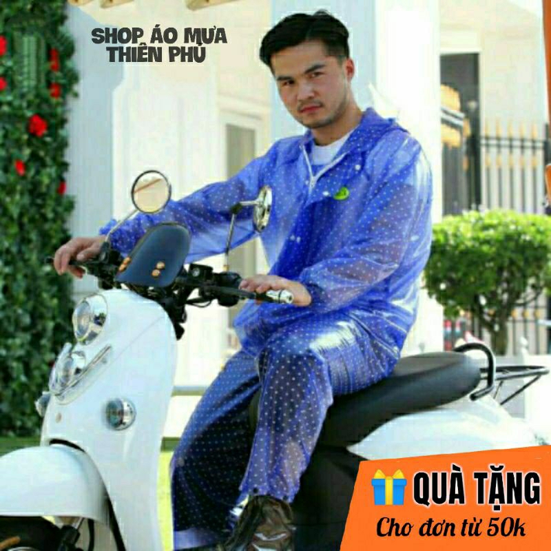 Áo Mưa Bộ Người Lớn trong suốt chống thấm, chấm bi nhiều màu