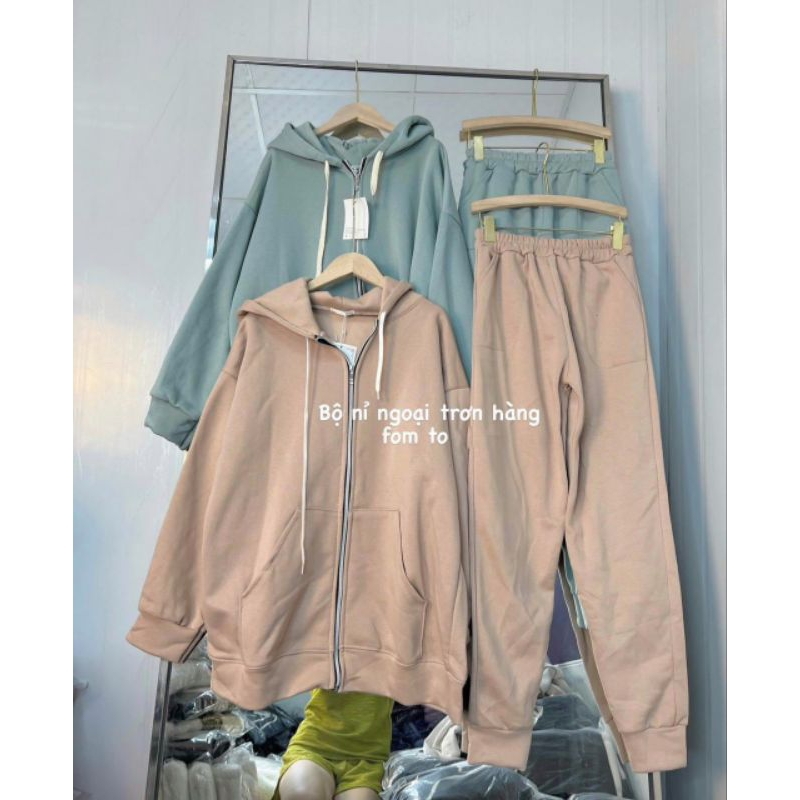 Set bộ gồm áo hoodie zip nỉ ngoại kèm quần bom trơn hàng xịn form rộng