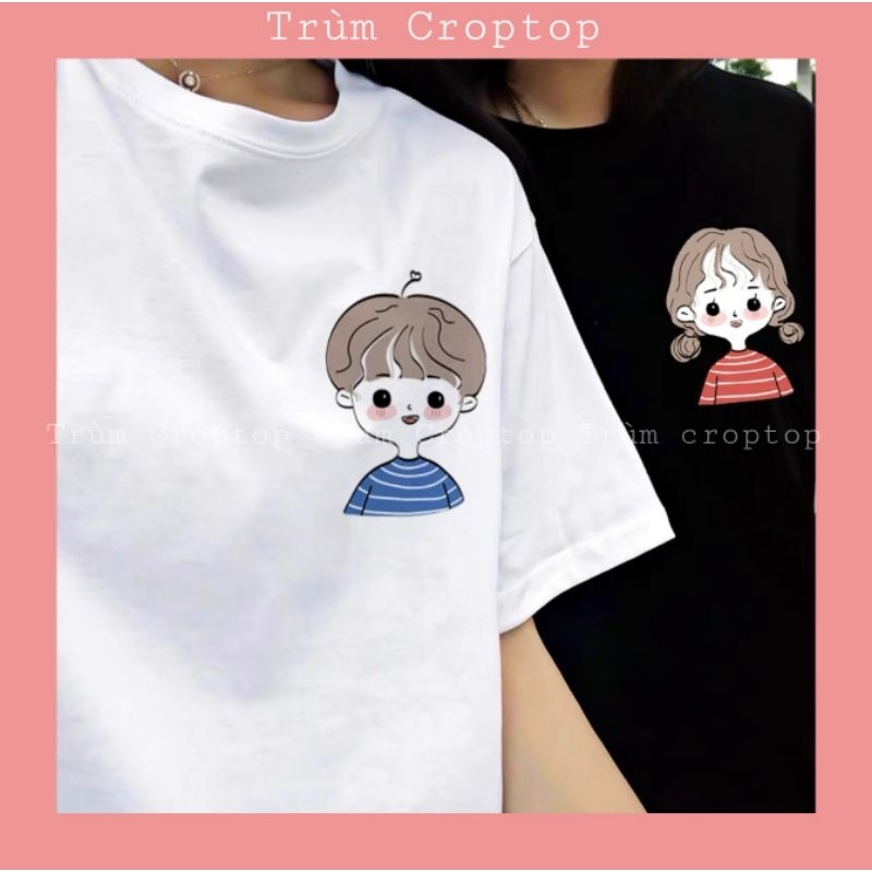 Áo thun đôi in hình nam nữ cute , Áo phông rộng tay lỡ dáng unisex form nam nữ mặc đẹp