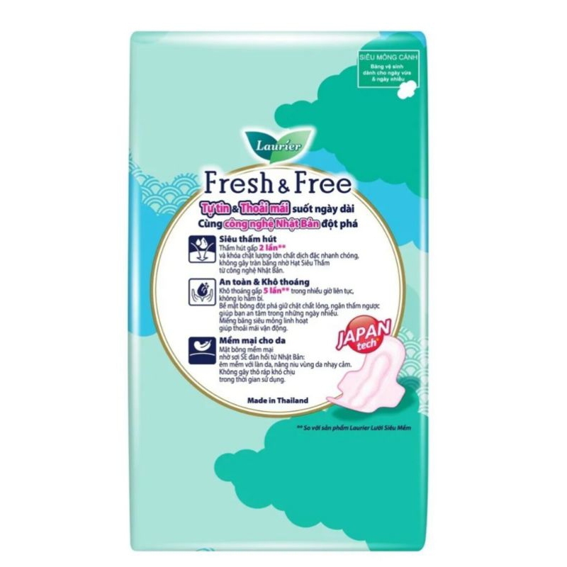 Băng vệ sinh Laurier Fresh and Free siêu thấm siêu mỏng cánh 20 miếng