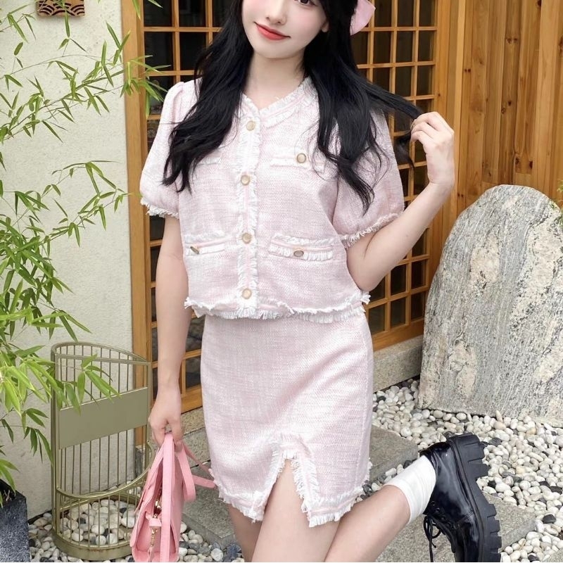 Set đầm hồng dạ gai vải tweet, hàng loại 1 của CHIC CLUB