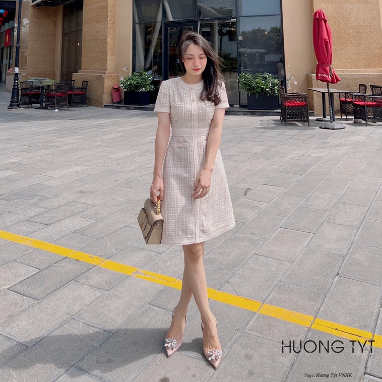 Váy Lorar vải Tweed DESIGN BY HUONGTYT 2 lớp gam màu nude thanh lịch