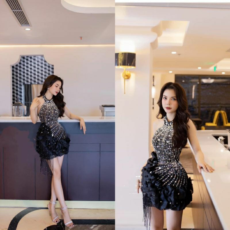Otis Dress 🌺 Đầm body kết đá lấp lánh cổ yếm phối phồng lệch, hàng chuẩn size, hợp đi tiệc, sự kiện, event concept prom