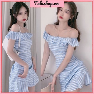 Đầm trễ vai đuôi cá caro xanh TABISHOP Váy nữ dáng xoè tiểu thư phong cách hàn quốc xinh xắn