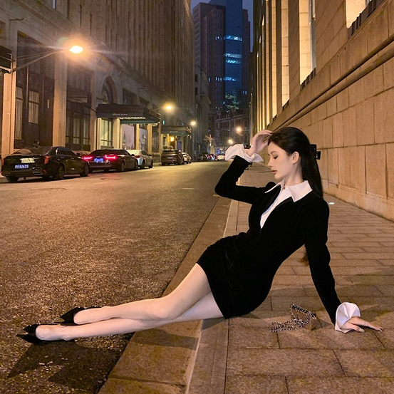 Đầm body cổ V YIMI phối sơ mi trắng tay bèo tiểu thư