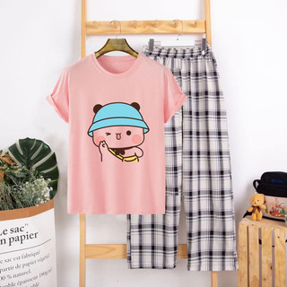 Sét Bộ Quần Áo Ulzzang Girl Style Nữ Ngắn Tay Mặc Đi Chơi, Áo Cotton In 3D Cartoon Hổ Mix Quần Ống Rộng Kẻ