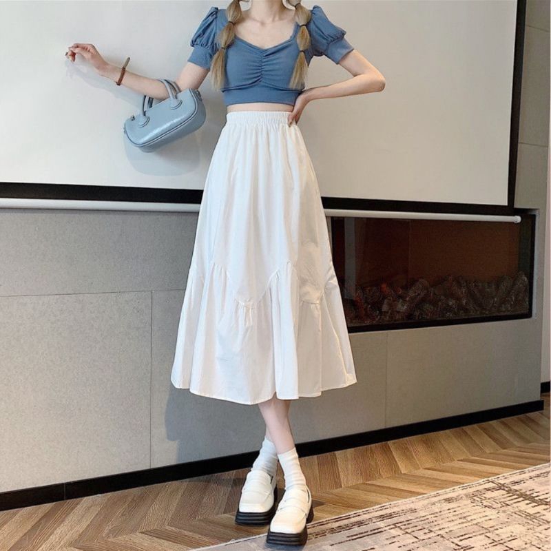 Chân váy dài 2 tầng vải trơn thiết kế đẹp lạ,chân váy dài hai tầng trơn phòng cách hàn quốc dáng xoè chữ a màu trắng 07