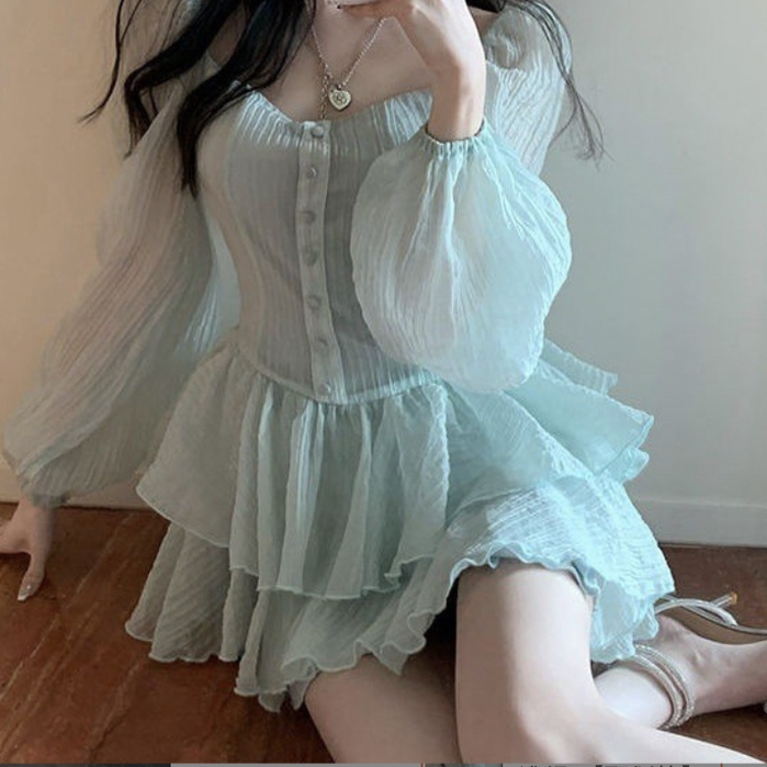 Váy babydoll đầm nữ L66 tay dài phồng trễ vai dáng a ngắn xòe ulzzang hàn quốc công chúa tiểu thư dự tiệc  V14