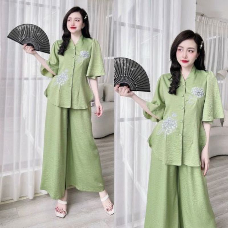 Bộ Lam đi chùa tay loe chất tuyết nhung