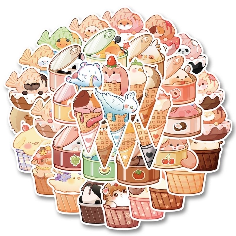 Set combo 40 miếng dán sticker động vật đồ ăn dễ thương animals food dán nón mũ bảo hiểm laptop vali sổ tay đàn guitar