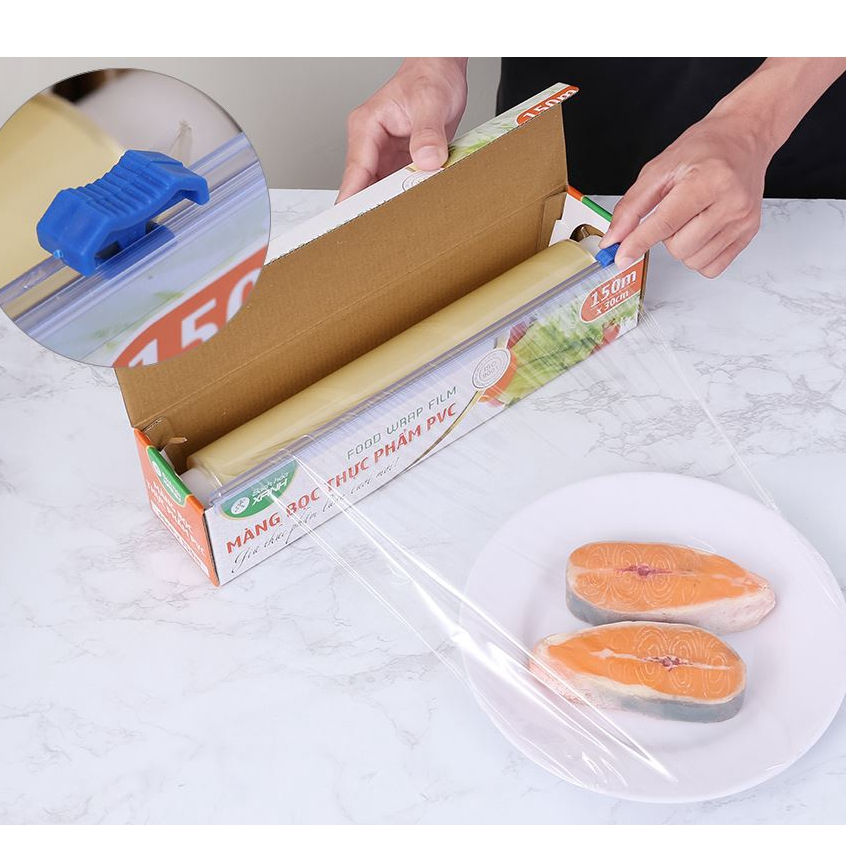 Màng bọc thực phẩm PVC Bách hóa XANH 30cm x 150m CAM, có dao cắt, Công dụng Dùng để bảo quản, bao gói các loại thực phẩm