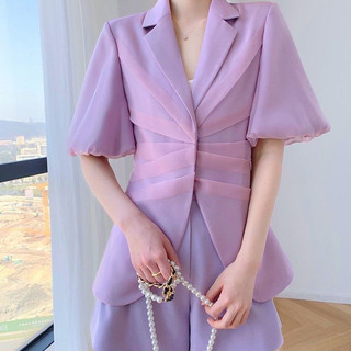 Áo cổ vest phối voan tay ngắn eo xếp ly -áo vest tay phồng cách điệu sang chảnh