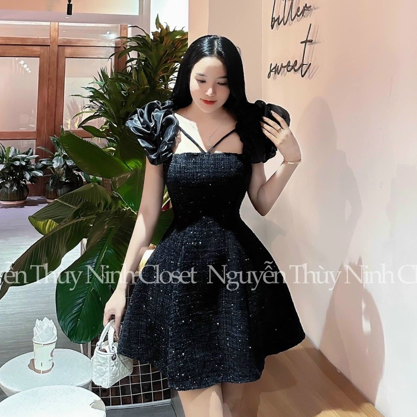 Đầm váy nữ dự tiệc chéo dây tay bèo dáng xòe nhẹ cực đáng yêu Thời trang nữ tiểu thư sang chảnh thanh lịch