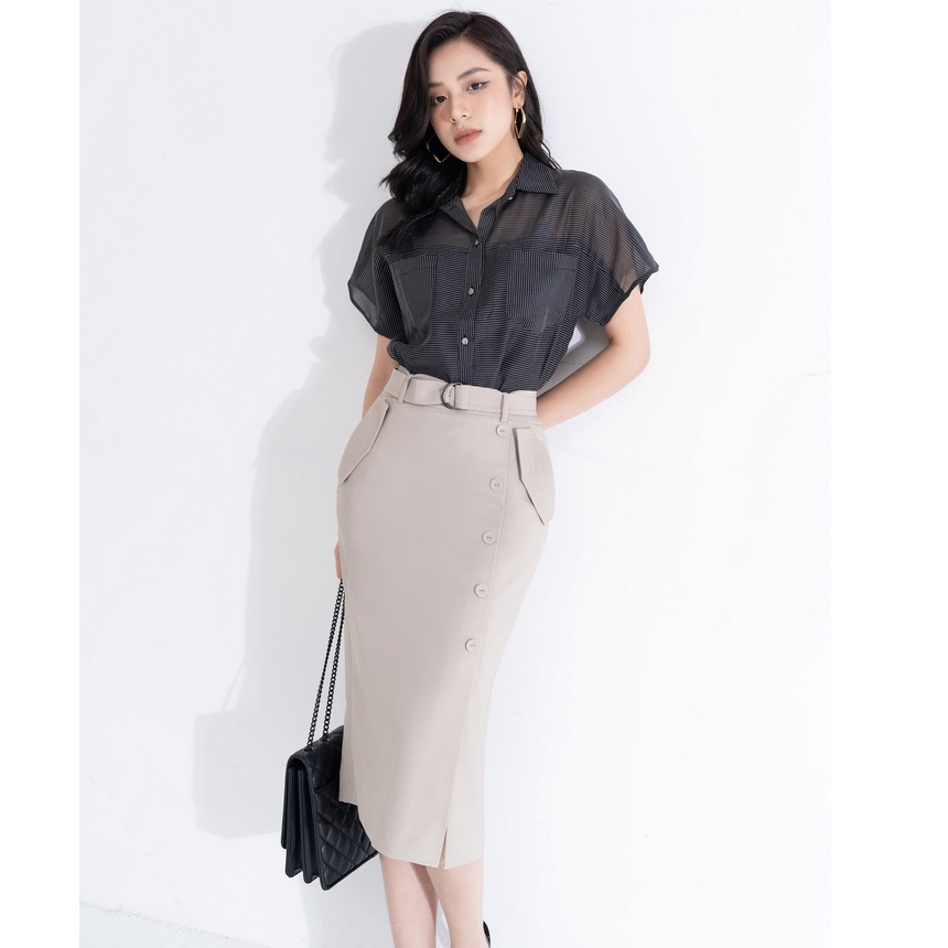 Chân váy dáng dài ôm xẻ trước công sở HeraDG thiết kế đai eo rời cúc bọc trang trí dọc thân túi ốp 2 bên SJPBB2042