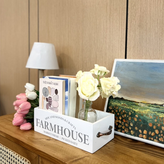 Giỏ hoa Decor Trang Trí Nhà Cửa, Giỏ Gỗ Quai Cầm Vintage Kích Thước 28x14x11cm