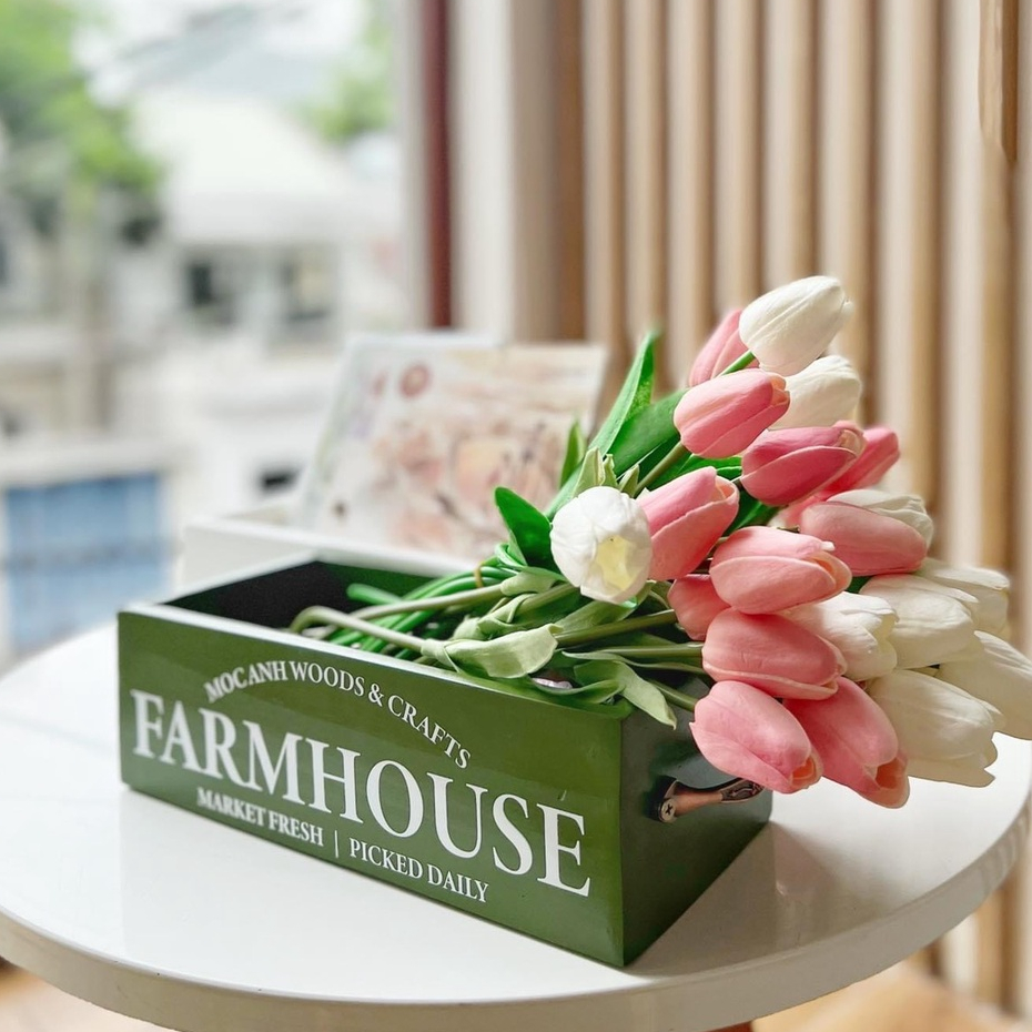 Giỏ hoa Decor Trang Trí Nhà Cửa, Giỏ Gỗ Quai Cầm Vintage Kích Thước 28x14x11cm