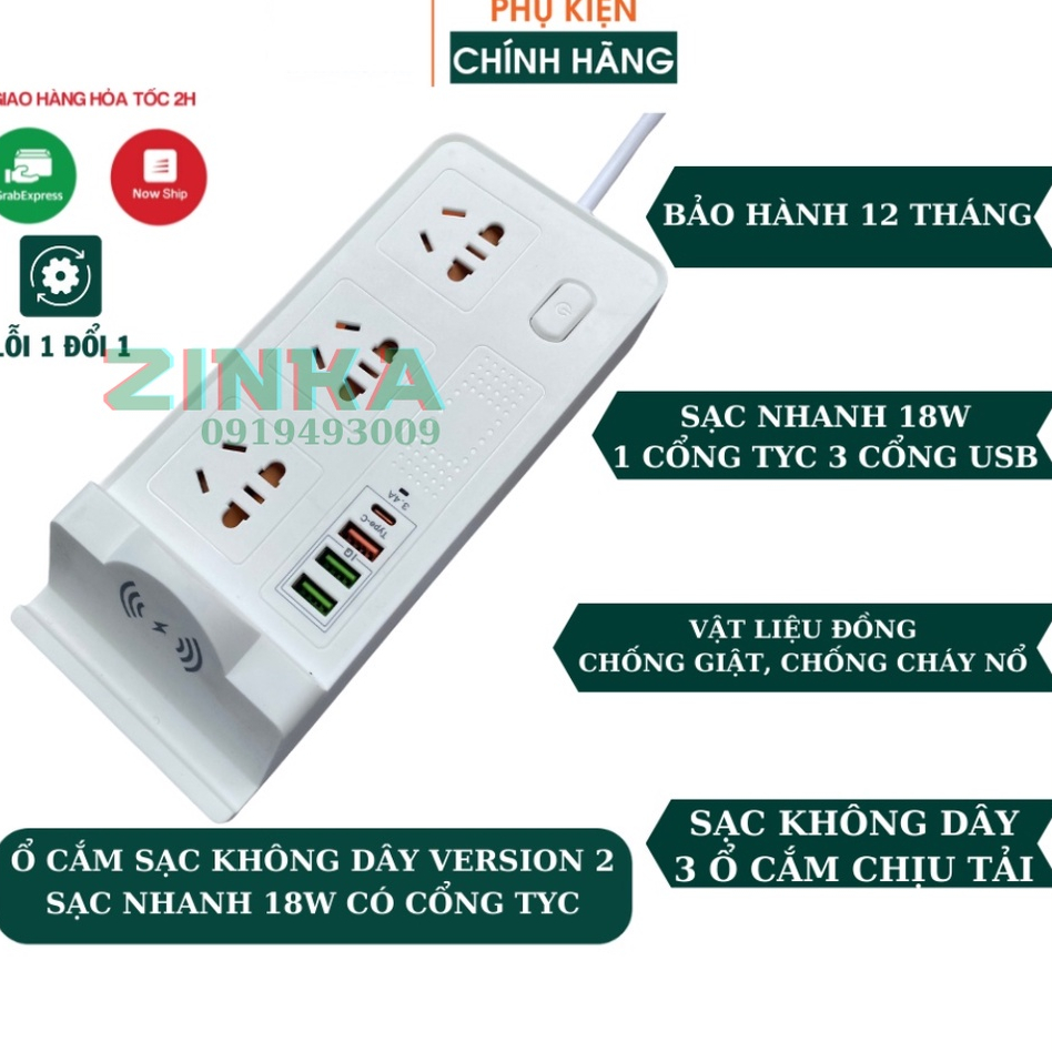 Ổ Cắm Điện Đa Năng, Ổ Cắm Điện Thông Minh 1 Cổng TypeC 3 Cổng USB Kèm Đế Đỡ Điện Thoại Kết Hợp Sạc Không Dây KIMISHOP