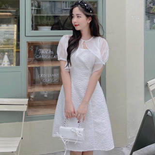 Đầm gấm trắng 2 dây dáng xòe chữ a- Set váy xòe kèm áo khoác cardigan ngắn tay chất voan tiểu thư cổ cách điệu hàn quốc